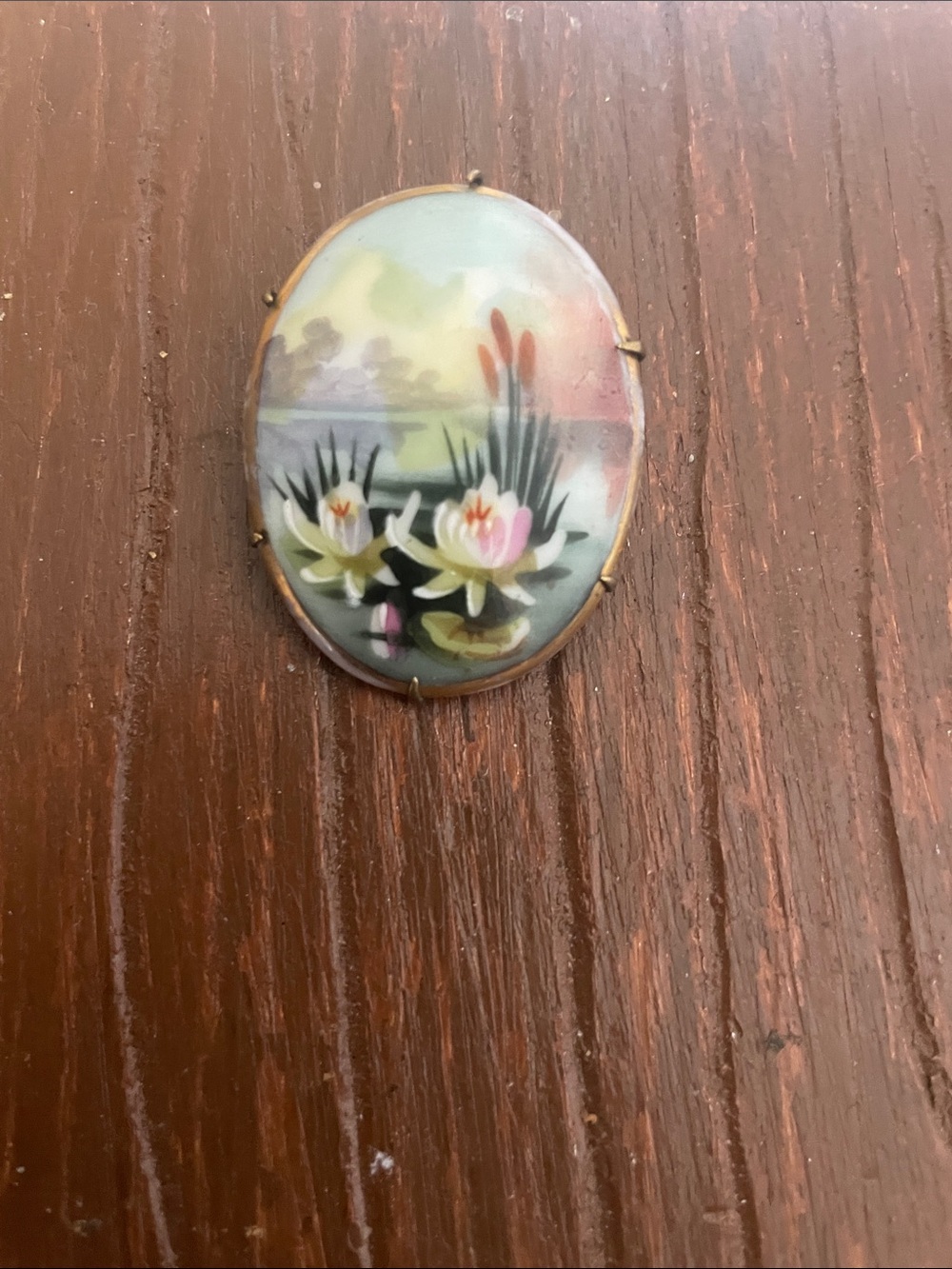 Hand painted Floral Waterlily Porcelain antique Brooch